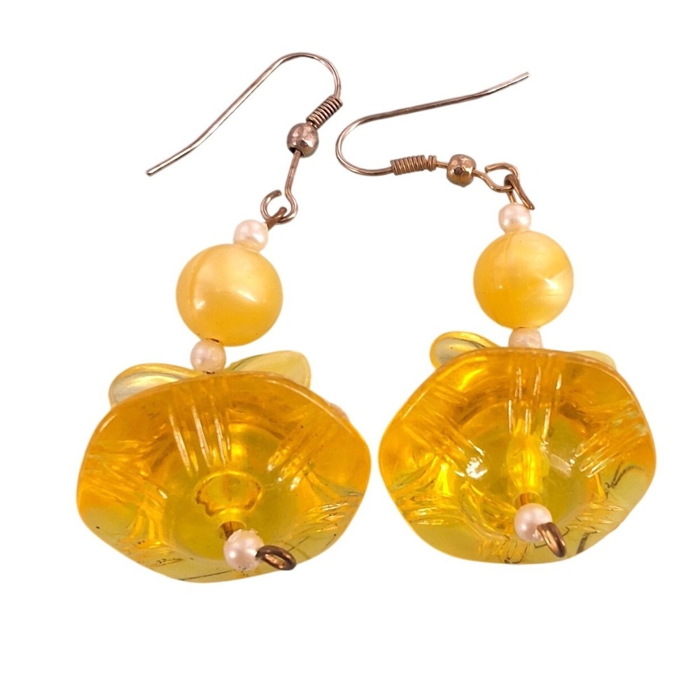 Yellow Carved Floral Resin Drop Earrings‎ Gold Tone Hooks Vintage Style